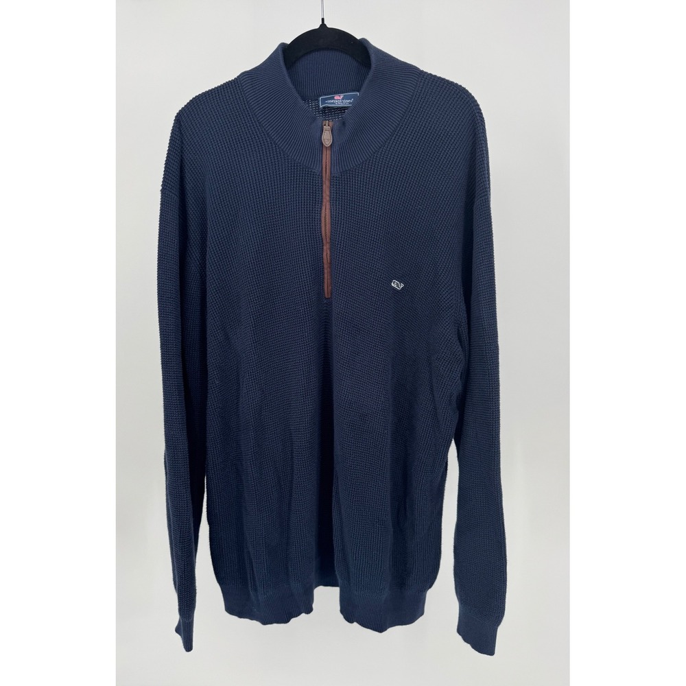 Vineyard Vines Men's Navy Blue Waffle‎ Knit Quarter Zip Sweater XL